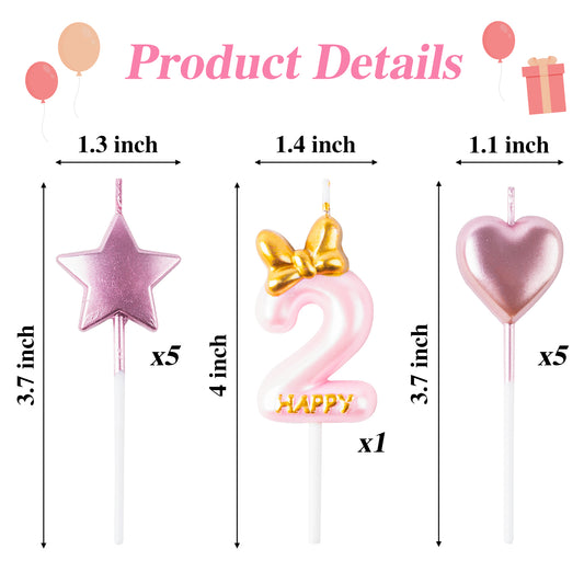 FeelWarm 11Pcs Pink Birthday Candles for Girls Number 2 Happy Birthday Candle Cake Topper with Metallic Rose Gold Star Heart Shaped Cupcake Candles for 2nd Birthday Anniversary Baking Decor Supplies