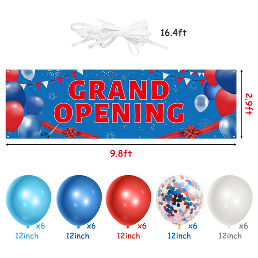 FeelWarm 31Pcs Grand Opening Party Decorations Kit Blue Red Banner with Rope & 12Inches Latex Balloons New Store Opening Sign Supplies Large Advertising Backdrop Decor Flag for Shop Business Ceremony