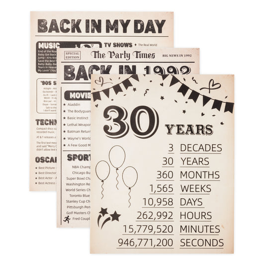 FeelWarm 30th Birthday Decorations for Men or Women, 3Pieces Turning 30 Years Old Vintage Canvas Wall Art Posters, Back In 1992 Party Decoration Supplies Birthday Anniversary Gifts, 8×10 Inches