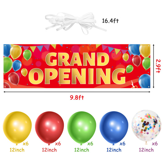 FeelWarm 31Pcs Grand Opening Party Decorations Kit Red Gold Opening Banner with Rope & 12Inches Latex Balloons New Store Opening Sign Supplies Large Advertising Backdrop Decor for Shop Business Outdoor