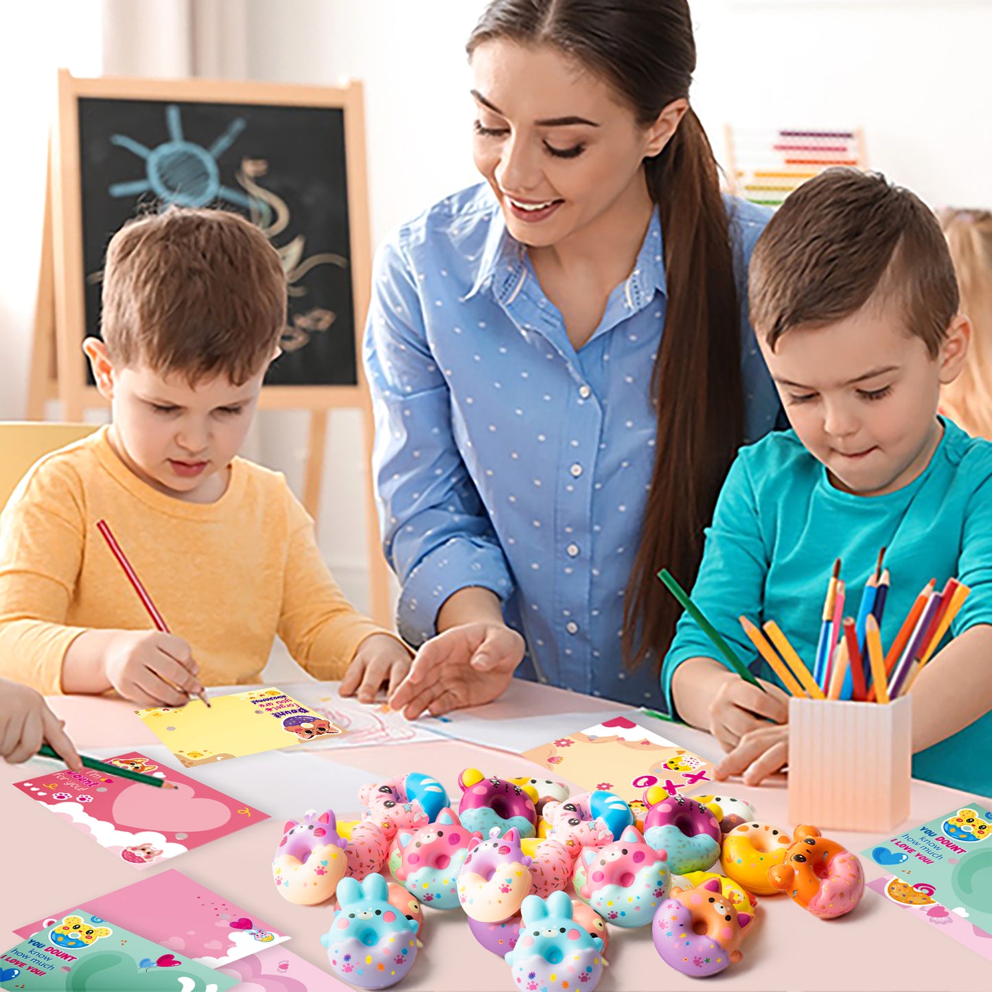 FeelWarm 48Pcs Valentines Day Gift Cards with Squeeze Toys Adorable Doughnut Sweet Party Favors Valentines Anxiety Toys for Kids Party Classroom Prizes Anxiety Relief Exchange Supplies Gifts