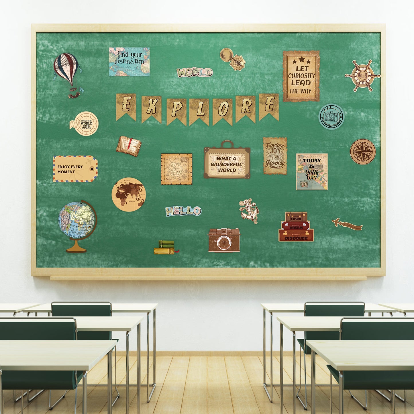 FeelWarm 30Pcs Travel Bulletin Board Decorations Set Travel the Map Explore Accents Motivational Sign Cutouts Educational Wall Decor for Social Studies Classroom School Kindergarten Nursery Home
