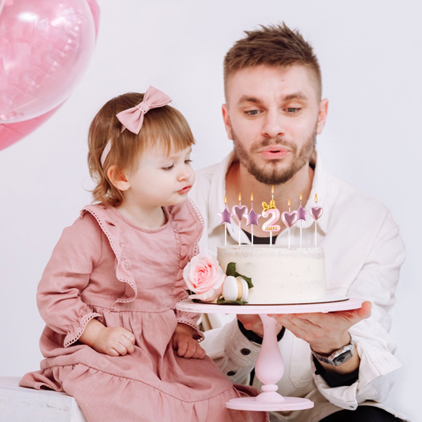 FeelWarm 11Pcs Pink Birthday Candles for Girls Number 2 Happy Birthday Candle Cake Topper with Metallic Rose Gold Star Heart Shaped Cupcake Candles for 2nd Birthday Anniversary Baking Decor Supplies