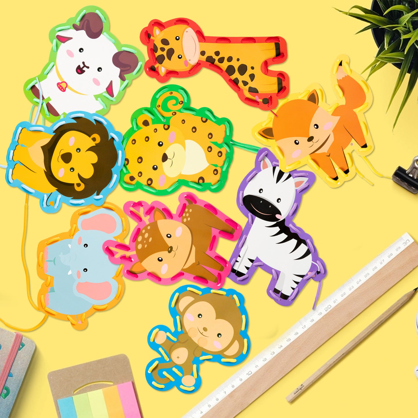 FeelWarm 9Pcs Zoo Animals Lacing Cards Sewing Cards Birthday Party Favors Lacing Activity Games Lace Trace String Threading Toys Developing Imagination Early Education Arts Craft Supplies for Kids