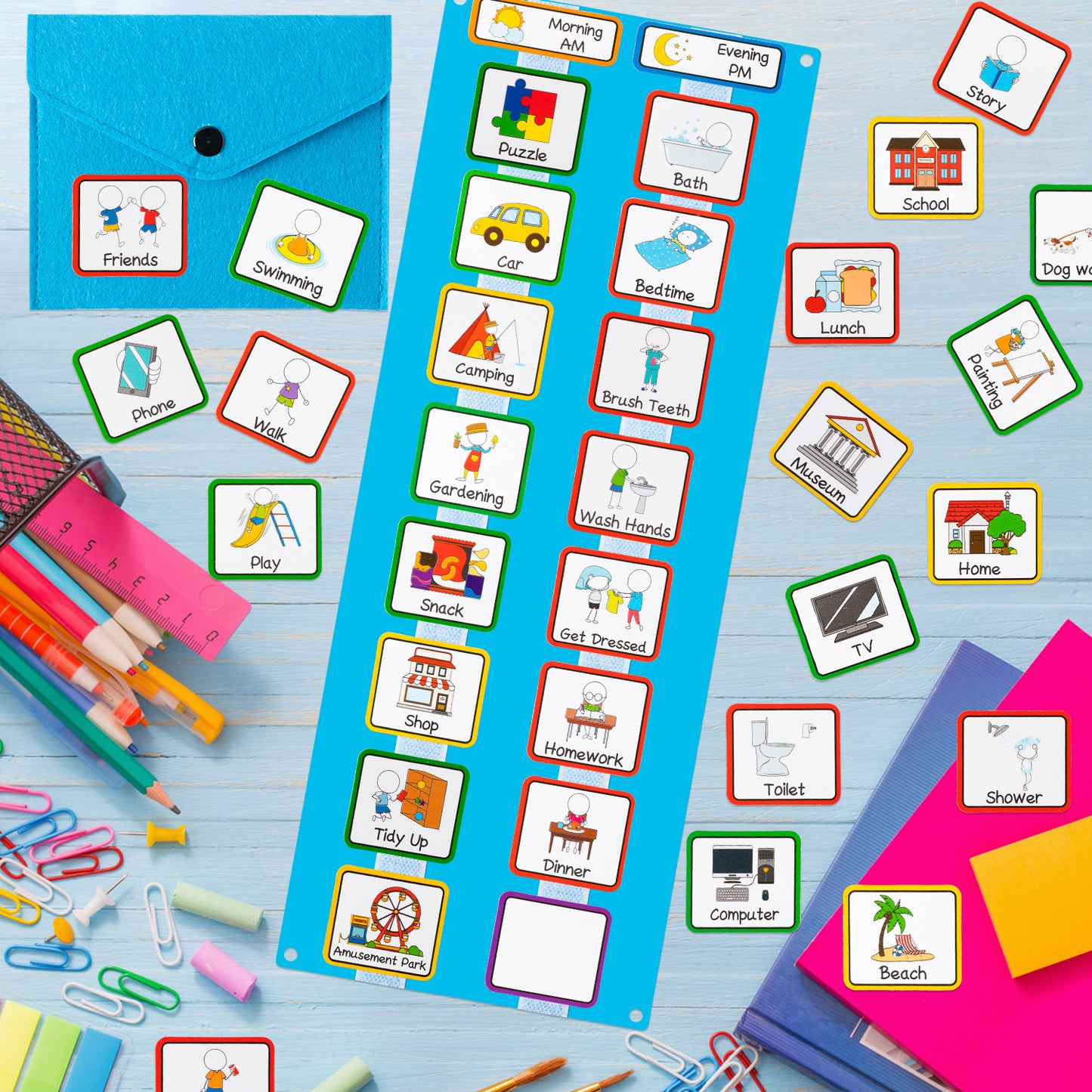 FeelWarm 48Pcs Visual Schedule for Kids Home Chore Chart Routine Cards with Portable Pocket Visual Aids Wall Planner Speech Delay Learning Materials for Home School ADHD Autism Preschool Children