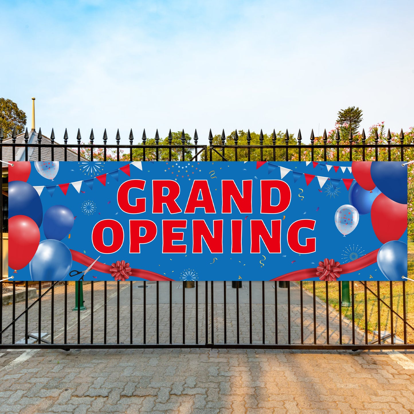 FeelWarm 31Pcs Grand Opening Party Decorations Kit Blue Red Banner with Rope & 12Inches Latex Balloons New Store Opening Sign Supplies Large Advertising Backdrop Decor Flag for Shop Business Ceremony