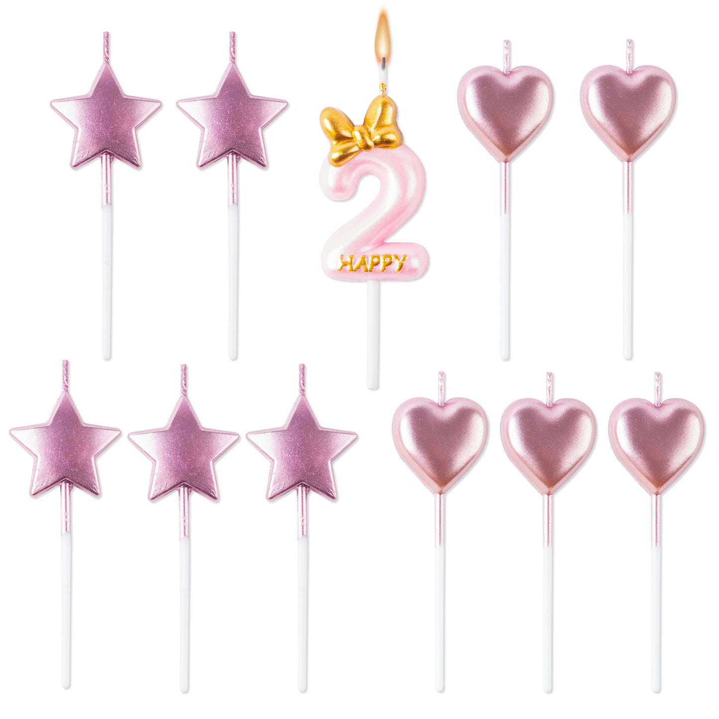 FeelWarm 11Pcs Pink Birthday Candles for Girls Number 2 Happy Birthday Candle Cake Topper with Metallic Rose Gold Star Heart Shaped Cupcake Candles for 2nd Birthday Anniversary Baking Decor Supplies