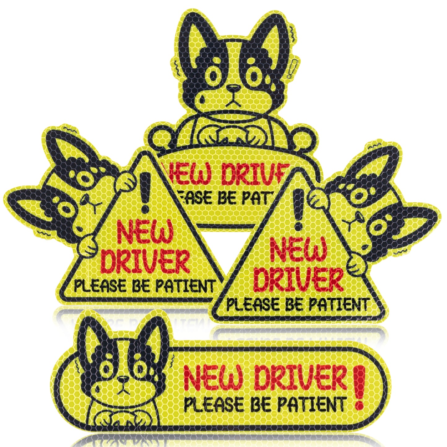 FeelWarm 4 Pcs New Driver Reflective Magnet for Car Please Be Patient Removable Car Bumper Sticker Decal Cute Dog Automotive Vehicle Magnets Keep Distance Safety Sign for Student Rookie Learner Driver