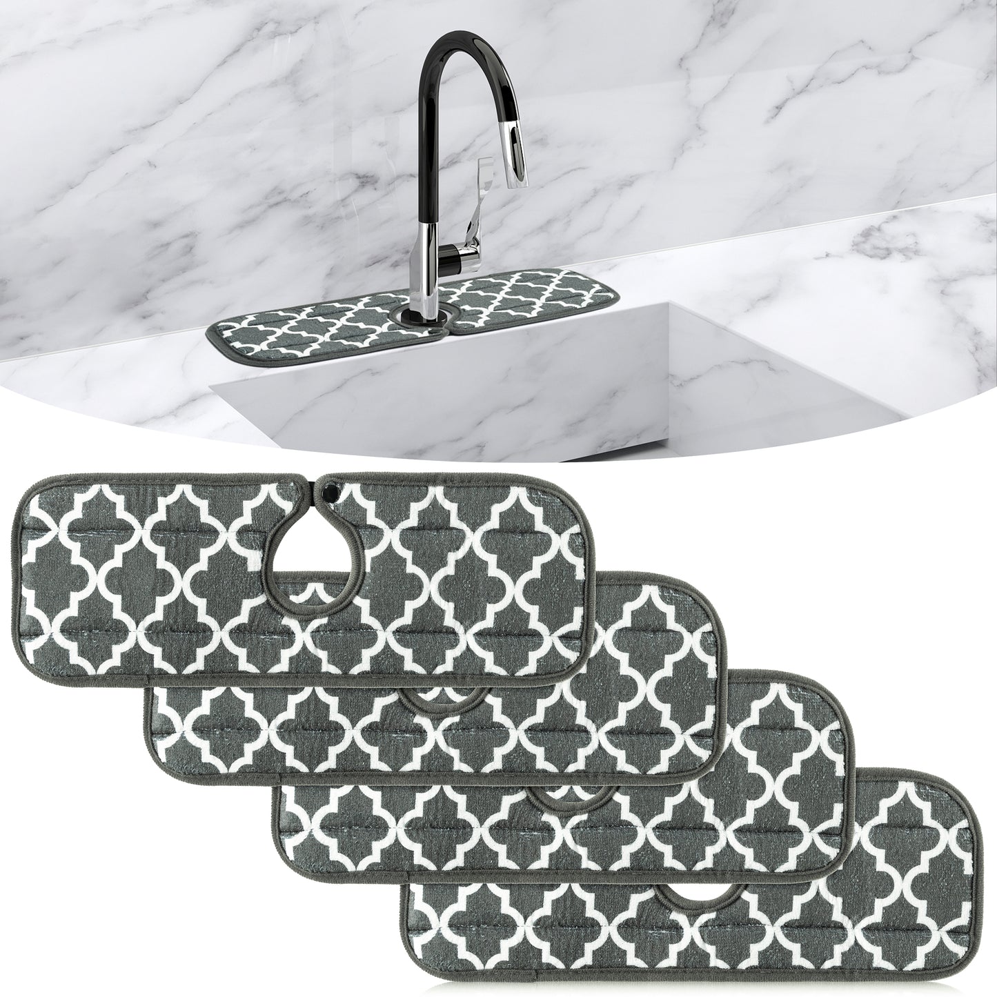 FeelWarm 4Pcs Kitchen Faucet Absorbent Mats with Snap Fastener Microfiber Cloth Sink Splash Catcher Behind Faucet Absorbent & Faster Drying Mat Drip Guard for Kitchen Bathroom, 15'' x 5.5''