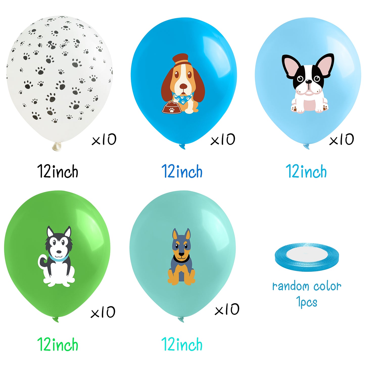 FeelWarm 50Pcs Puppy Latex Balloons with Ribbon 12Inch Cartoon Dog Beagle Bulldog Husky Dobermann Paw Print Balloons Lets Pawty Animals Theme Baby Shower Birthday Party Decorations Supplies for Kids