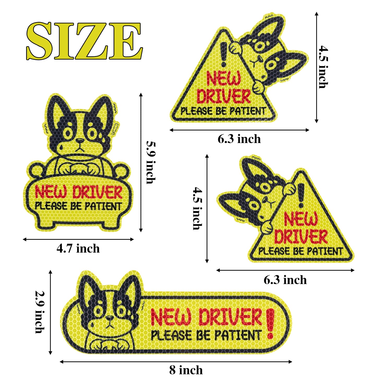 FeelWarm 4 Pcs New Driver Reflective Magnet for Car Please Be Patient Removable Car Bumper Sticker Decal Cute Dog Automotive Vehicle Magnets Keep Distance Safety Sign for Student Rookie Learner Driver