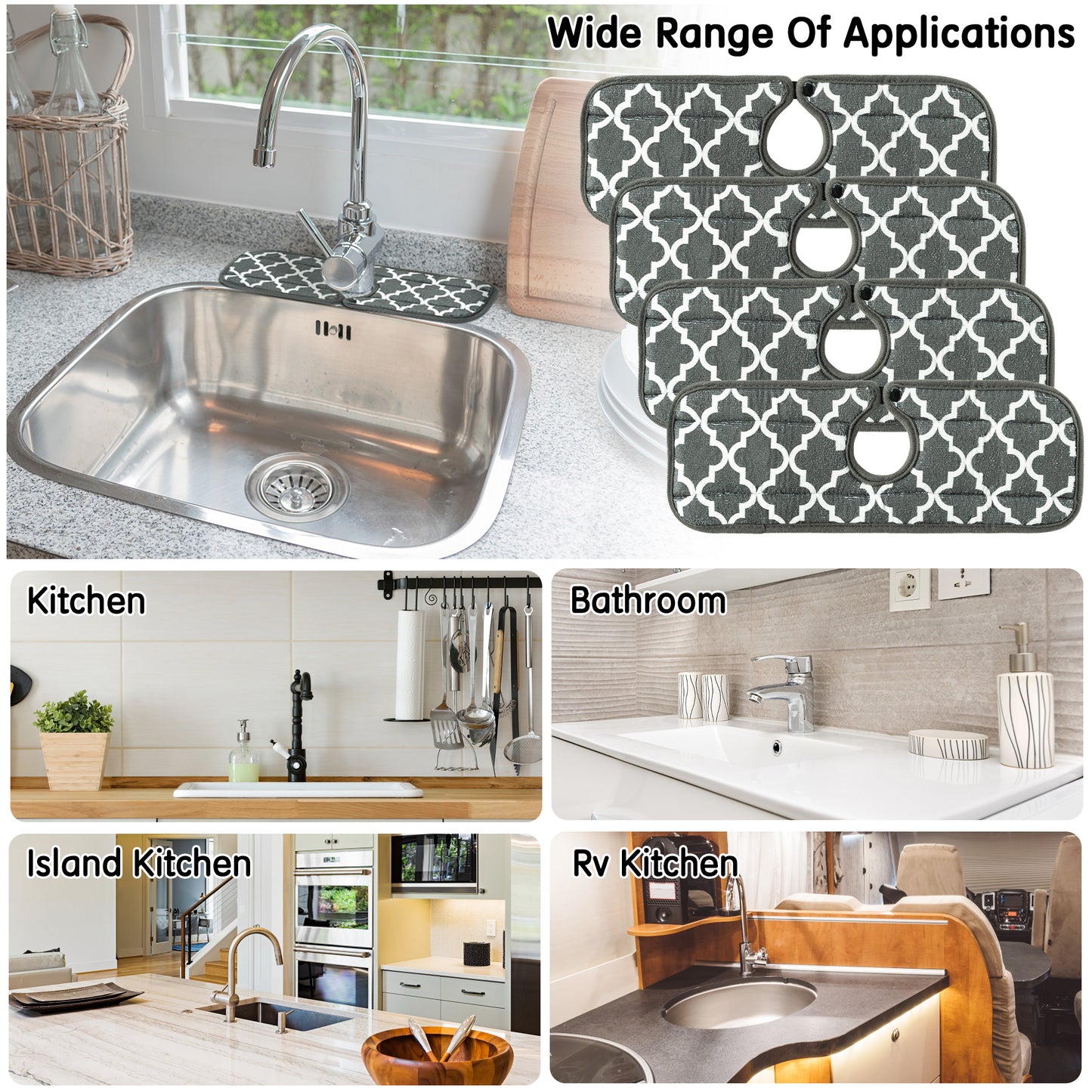 FeelWarm 4Pcs Kitchen Faucet Absorbent Mats with Snap Fastener Microfiber Cloth Sink Splash Catcher Behind Faucet Absorbent & Faster Drying Mat Drip Guard for Kitchen Bathroom, 15'' x 5.5''