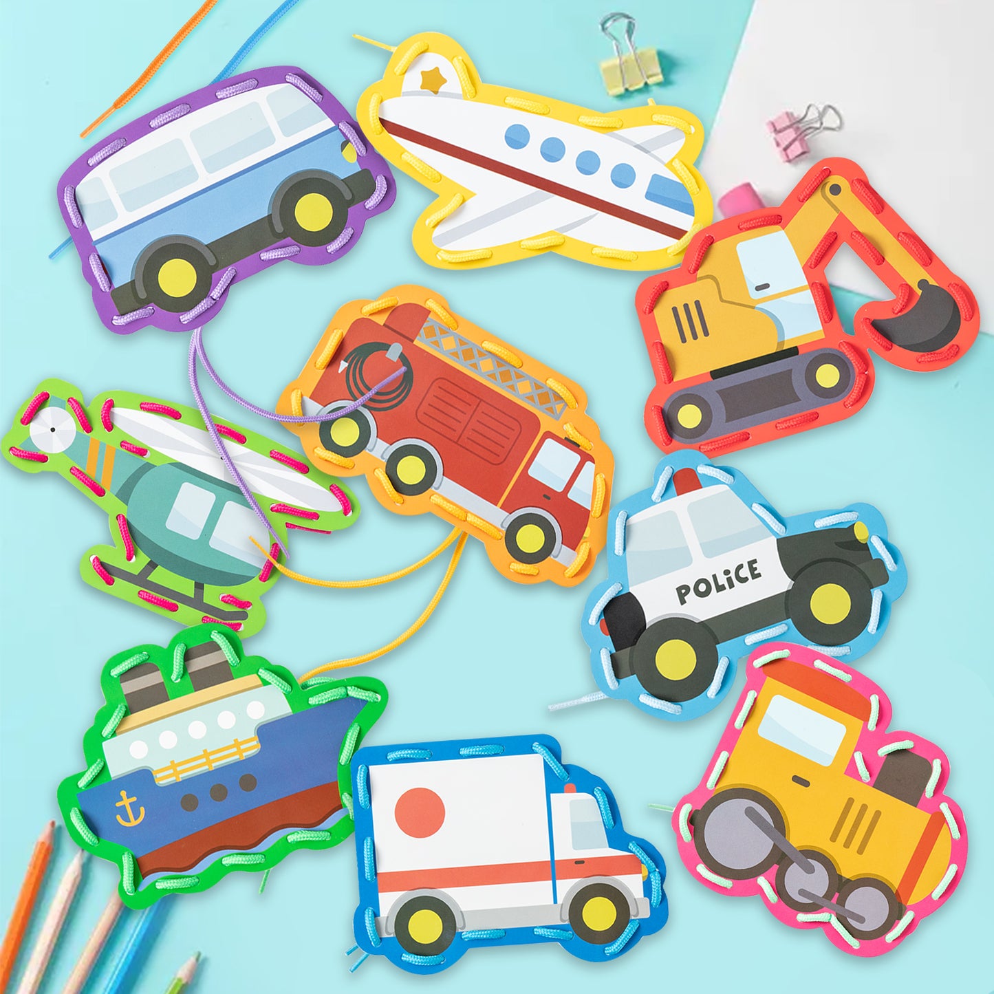 FeelWarm 9Pcs Transportation Lacing Cards Sewing Cards Vehicle Party Favors Lacing Activity Games Lace Trace String Threading Toys Developing Imagination Early Education Arts Craft Supplies for Kids