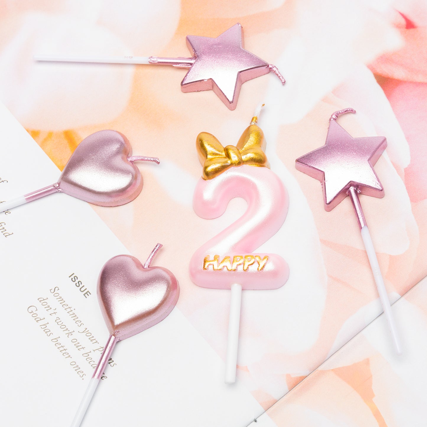 FeelWarm 11Pcs Pink Birthday Candles for Girls Number 2 Happy Birthday Candle Cake Topper with Metallic Rose Gold Star Heart Shaped Cupcake Candles for 2nd Birthday Anniversary Baking Decor Supplies