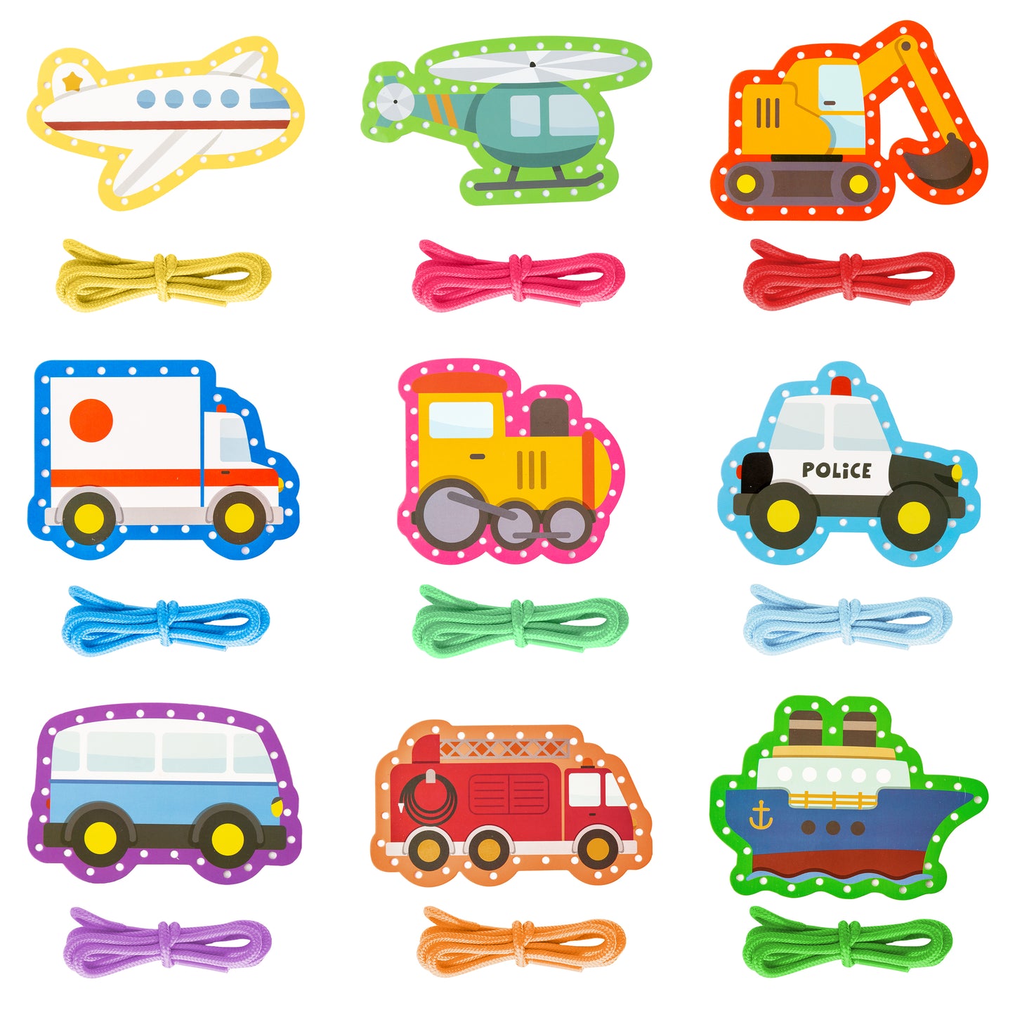 FeelWarm 9Pcs Transportation Lacing Cards Sewing Cards Vehicle Party Favors Lacing Activity Games Lace Trace String Threading Toys Developing Imagination Early Education Arts Craft Supplies for Kids